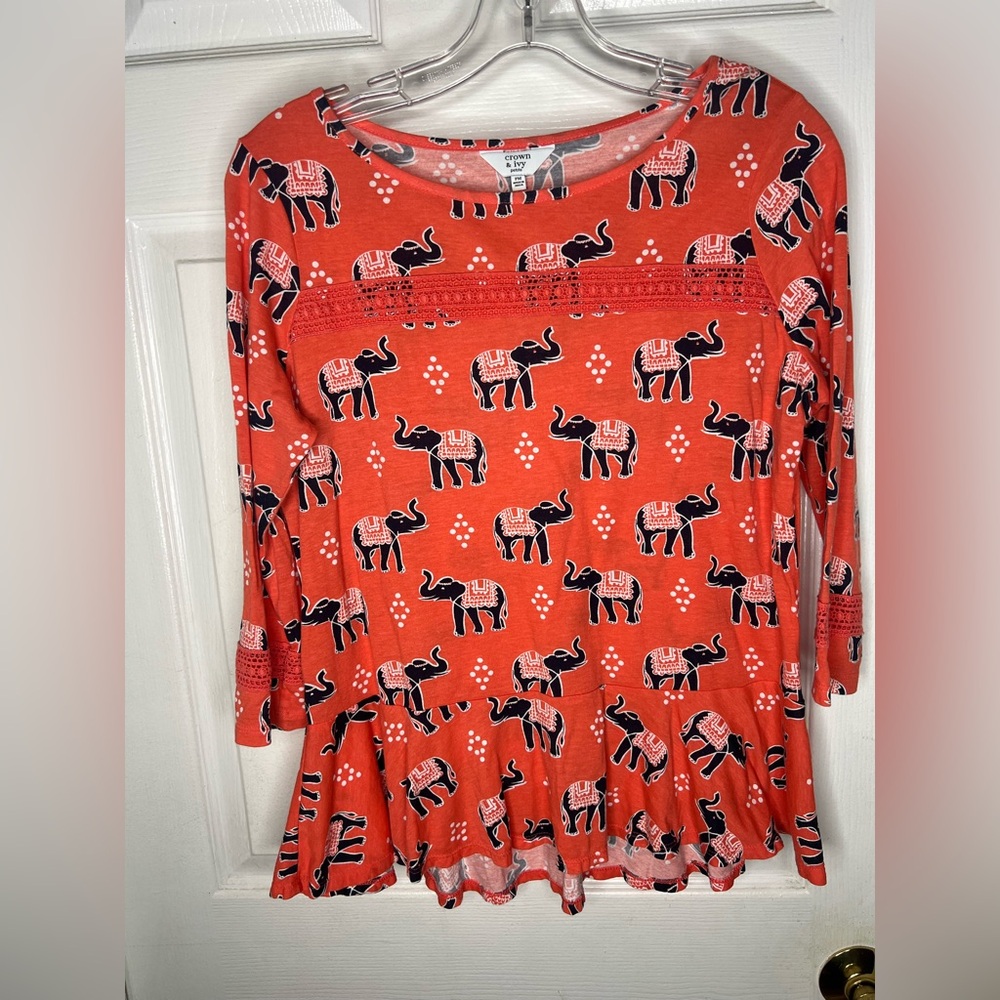 crown and ivy Women’s Peplum Hem Orange Elephant Boho Shirt Petite Medium - Picture 2 of 7